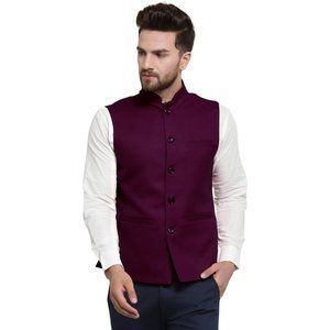Sleeveless Traditional Jute Fabric Purple Nehru Jacket by Treemoda